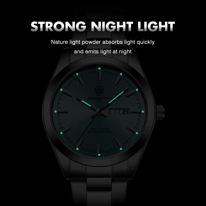 Men's paazomu Double Calendar Luminous Quartz Watch – Steel Strap | 5 Styles | Silver Case | Hooriva