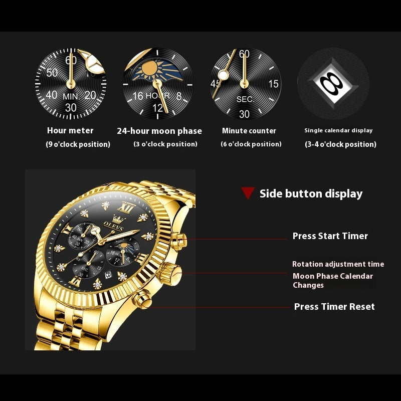 Men's OLEVS Gold Chronograph Quartz Watch – Moon Phase | Diamond Markers | Steel Strap | 4 Styles | Hooriva