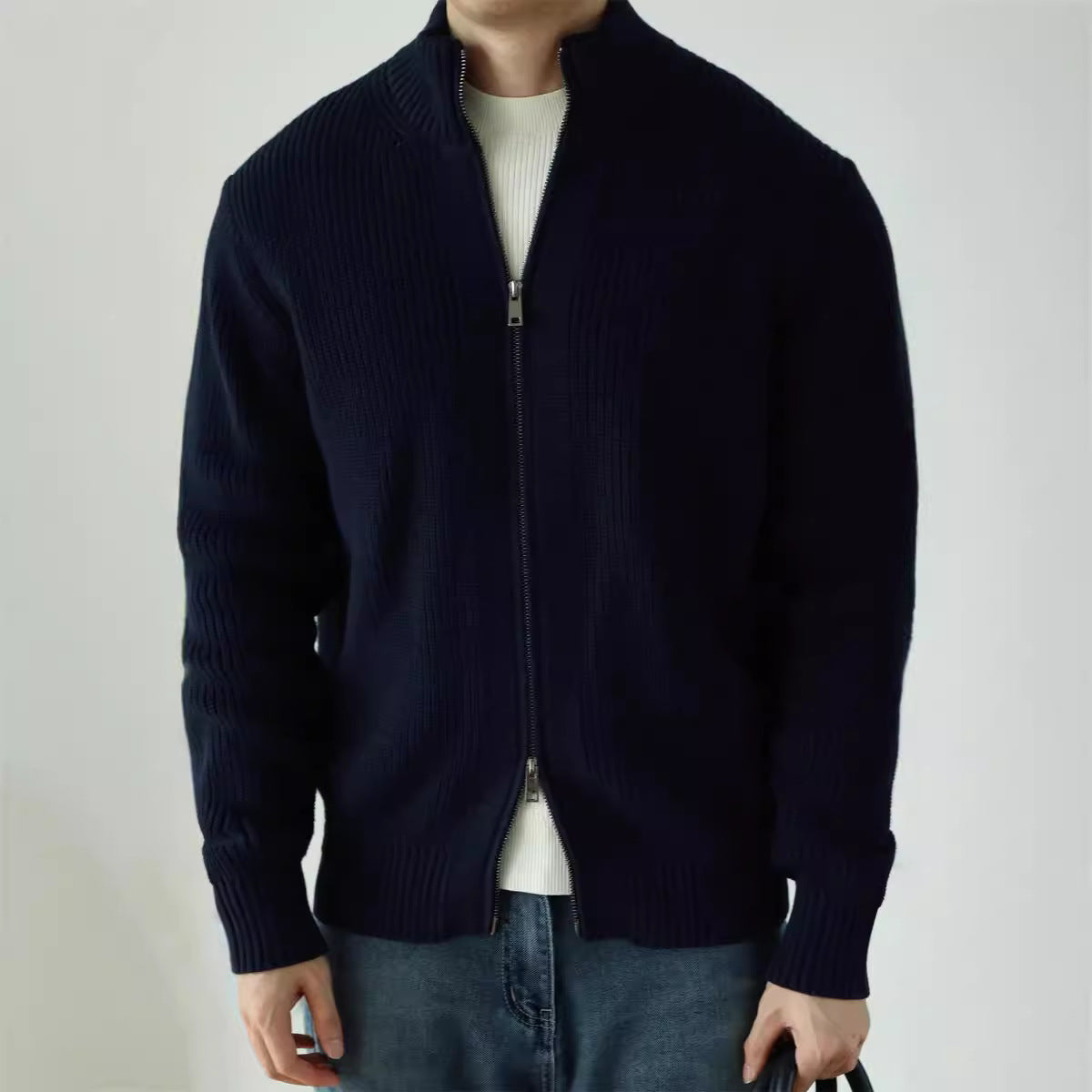 Men's Heavyweight Modal Double-Zip Jacket – Anti-Pilling | Semi-High Neck | Black & Navy Blue | S–3XL | Hooriva