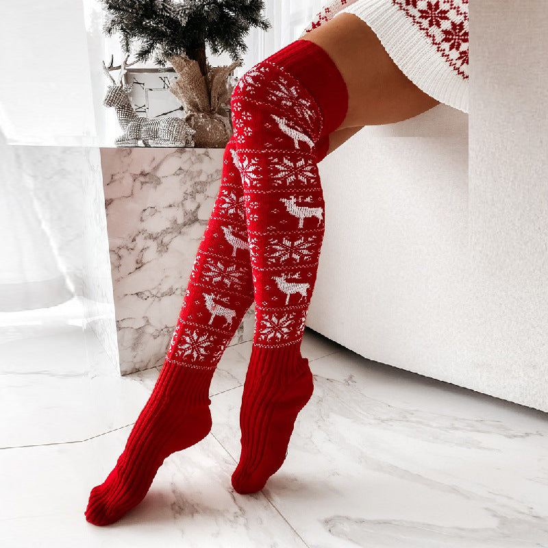 Women's Christmas Thigh-High Knitted Stockings | Elk & Snowflake Jacquard, One Size, 3 Colours | HOORIVA