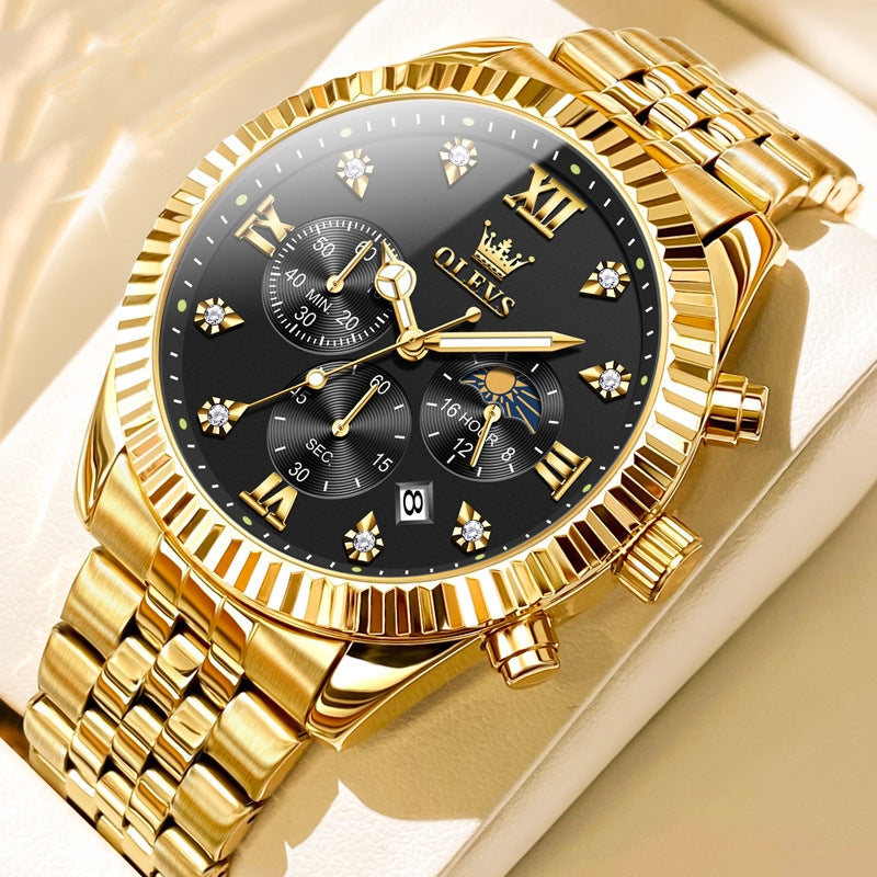 Men's OLEVS Gold Chronograph Quartz Watch – Moon Phase | Diamond Markers | Steel Strap | 4 Styles | Hooriva