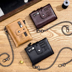 Men's Full-Grain Cowhide Chain Wallet – Retro Bifold with Dual Zippers & Clasp