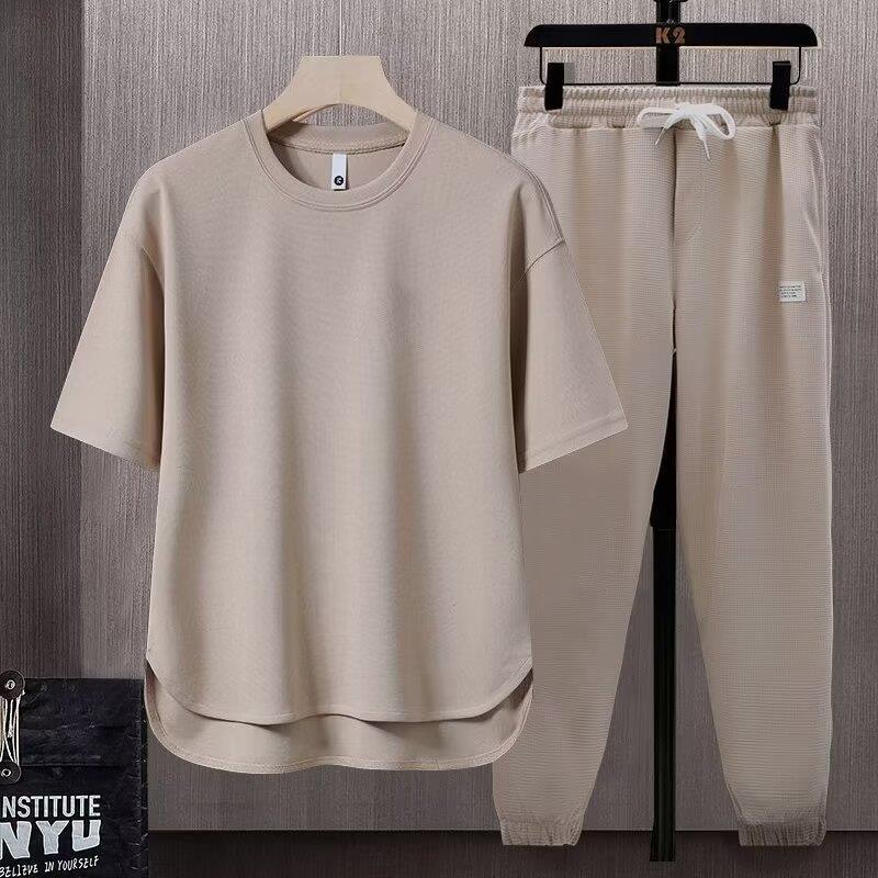 Men's Summer Athletic 2-Piece Set – Short Sleeve Crew Neck T-Shirt & Cropped Jogger Pants in 5 Colours