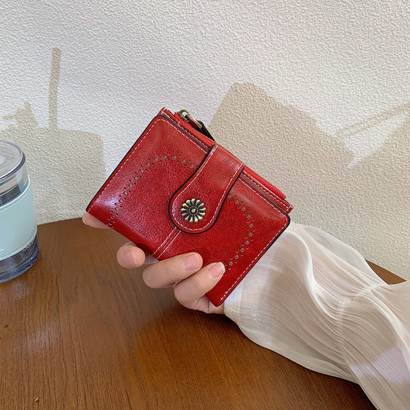 Women's PU Oil-Leather Short Wallet – Vintage Floral Stitch, Anti-Skimming, 5 Card Slots & Coin Pocket