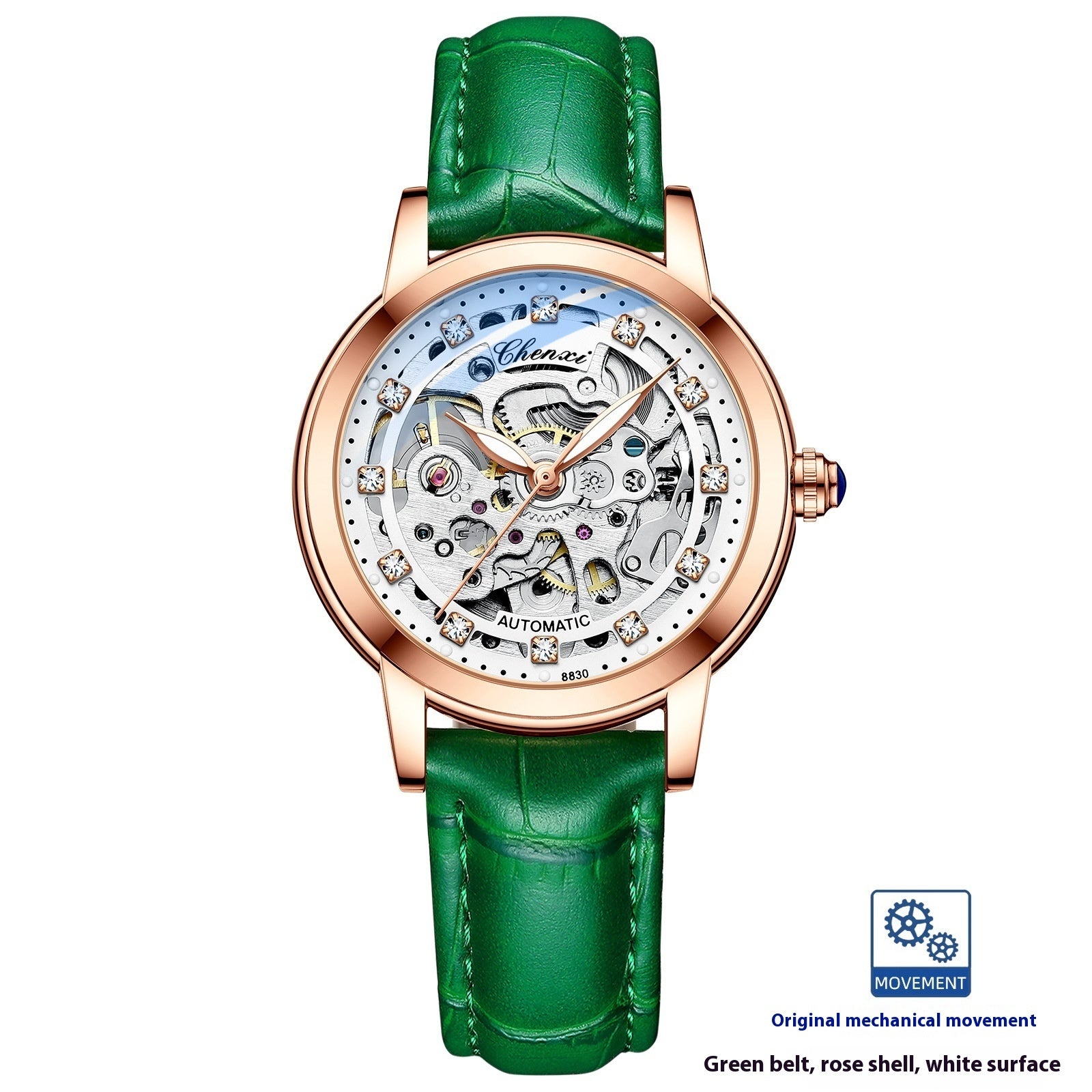 Chenxi Diamond Skeleton Automatic Watch – Rose Gold Case, Genuine Leather Strap | 5 Colours