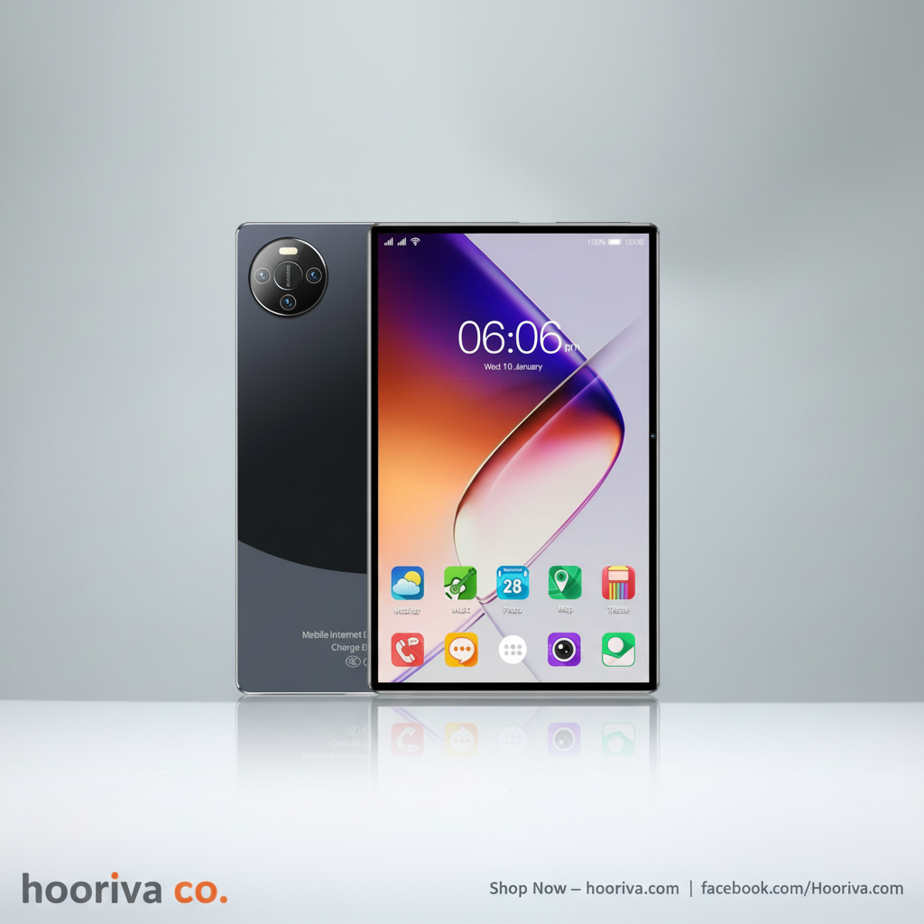E60 Pro Black Tablet on Grey Hooriva Background