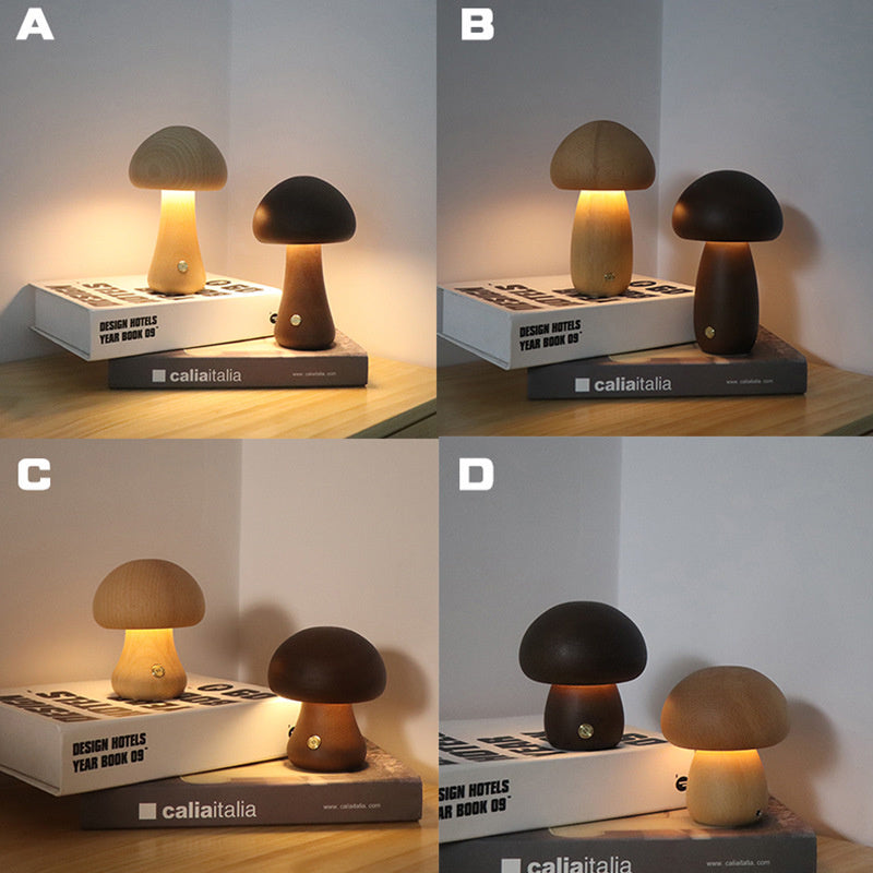 Wooden Mushroom LED Night Light | Touch Switch Bedside Lamp, 4 Styles, Beech & Walnut | HOORIVA