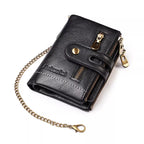 Men's Top-Grain Cowhide Leather Wallet – Multi-Card Slot ID Holder with Coin Purse & Chain