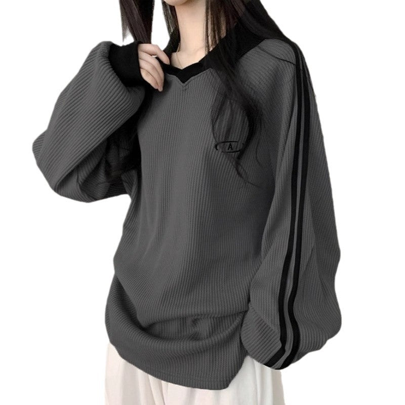 Women's Korean Style Striped Hoodie | Loose Fit, Embroidery, Contrast Colour | HOORIVA