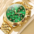 Men's OLEVS Gold Chronograph Quartz Watch – Moon Phase | Diamond Markers | Steel Strap | 4 Styles | Hooriva