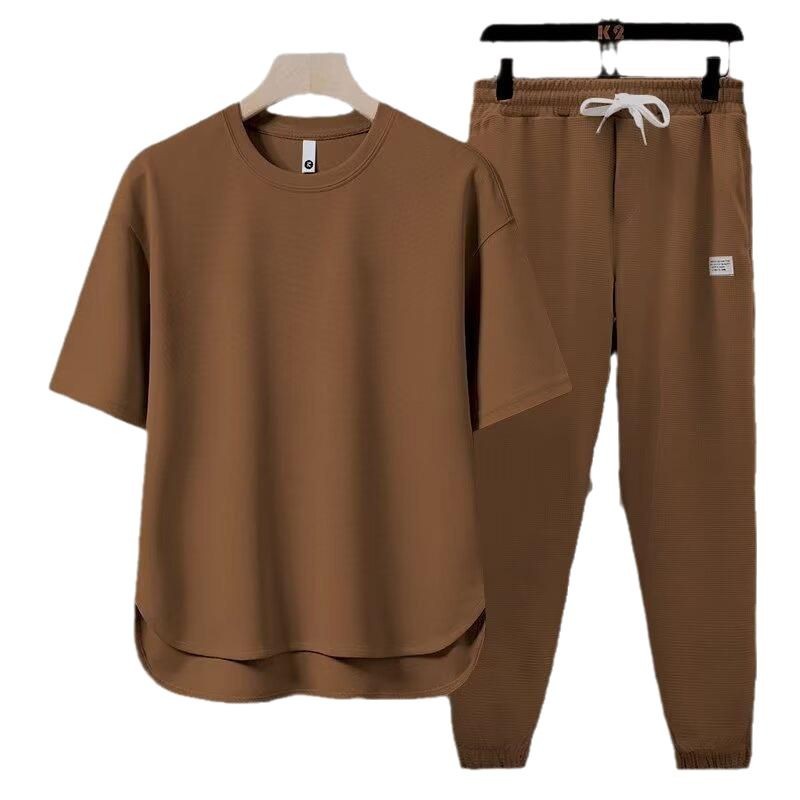 Men's Summer Athletic 2-Piece Set – Short Sleeve Crew Neck T-Shirt & Cropped Jogger Pants in 5 Colours