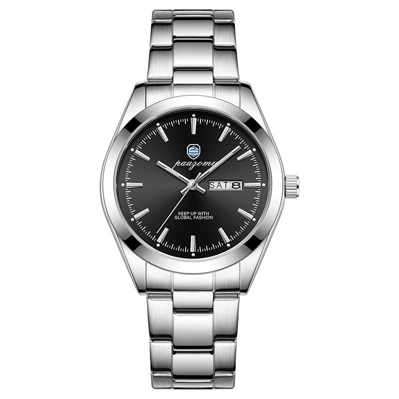 Men's paazomu Double Calendar Luminous Quartz Watch – Steel Strap | 5 Styles | Silver Case | Hooriva