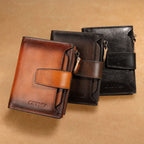 Men's Genuine Cowhide Leather Wallet – Retro RFID Anti-Theft Bifold & Trifold with Coin Pocket