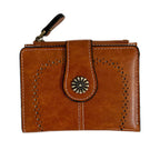 Women's PU Oil-Leather Short Wallet – Vintage Floral Stitch, Anti-Skimming, 5 Card Slots & Coin Pocket