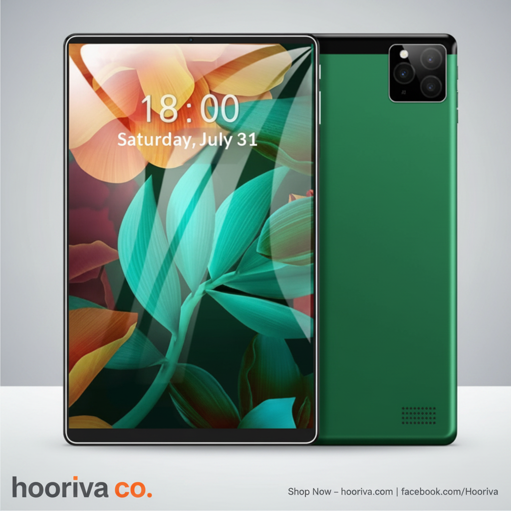 Green Tablet Ad with Hooriva Branding