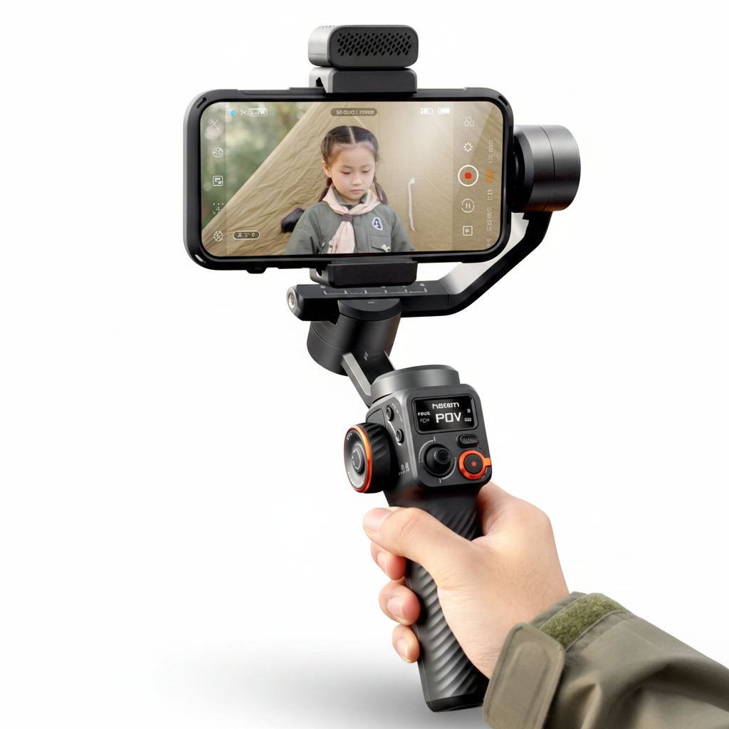 Hand-held triaxial stabilizer on white background