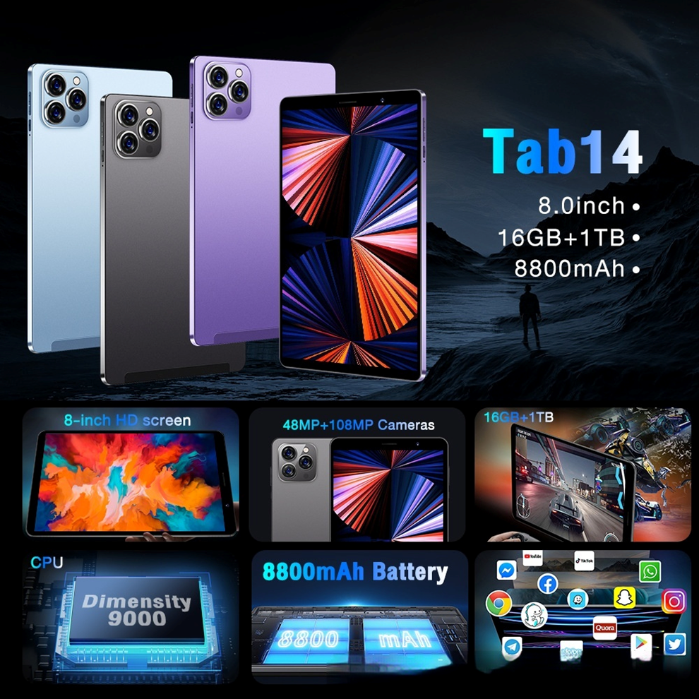 Tab14 8 Inch Android Tablet | 16GB+1TB | 8800mAh | 48MP+108MP Cameras | Dual 5G SIM