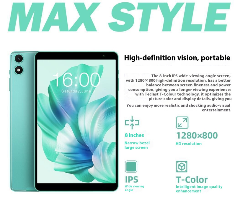 Teclast P85T 8 Inch Android Tablet | T606 Octa Core | Mali-G57 | 4+4GB RAM | 64GB | Mint Green