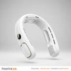 HOORIVA white bladeless wearable neck fan with LED display on grey gradient background