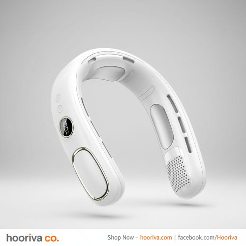 HOORIVA white bladeless wearable neck fan with LED display on grey gradient background