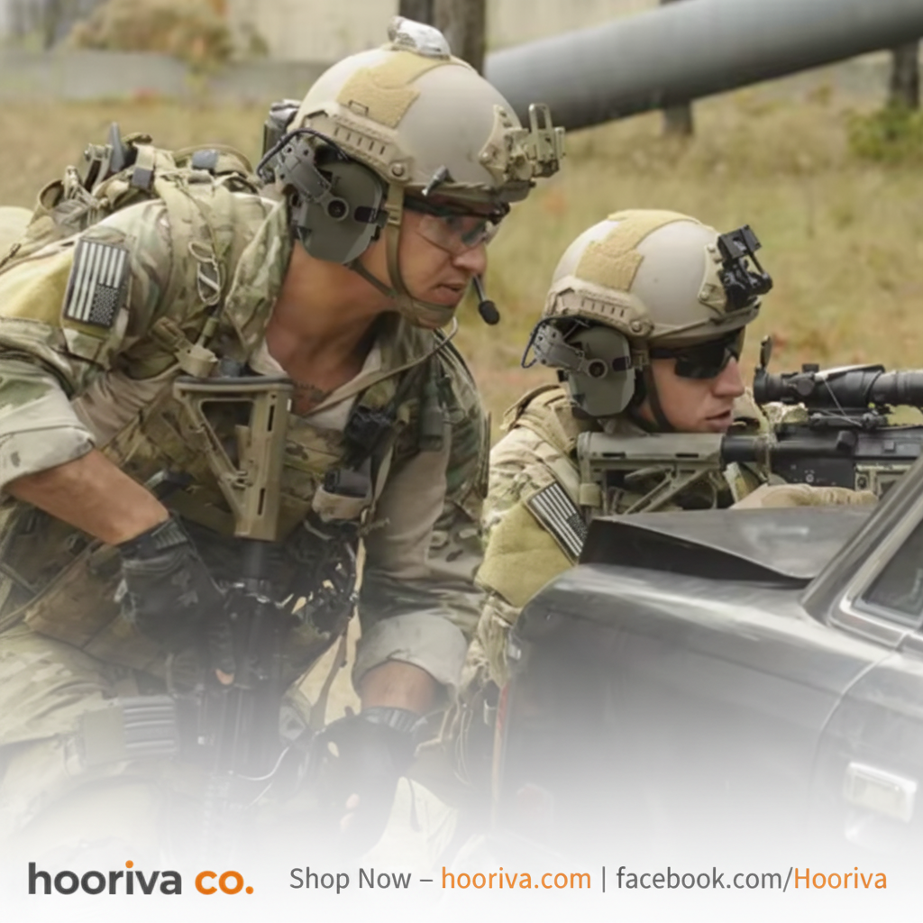 HOORIVA tactical hearing protection headphones used by soldiers in battlefield training