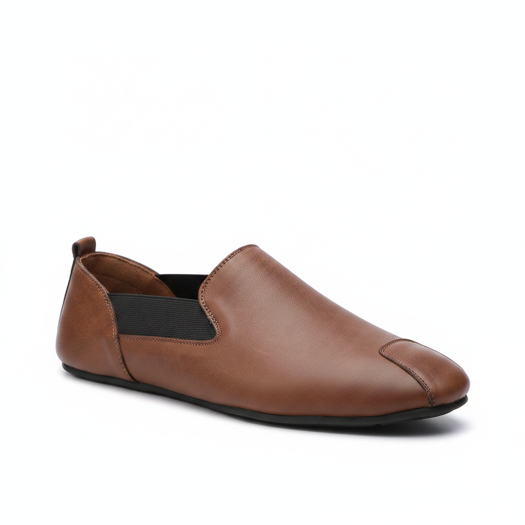 Hooriva Men's British Slip-On Loafers – Brown PU Leather Gommino Driving Shoes on White Background