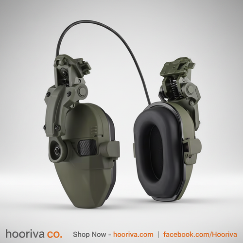 HOORIVA olive green tactical ear defenders with helmet rail mount on grey studio background