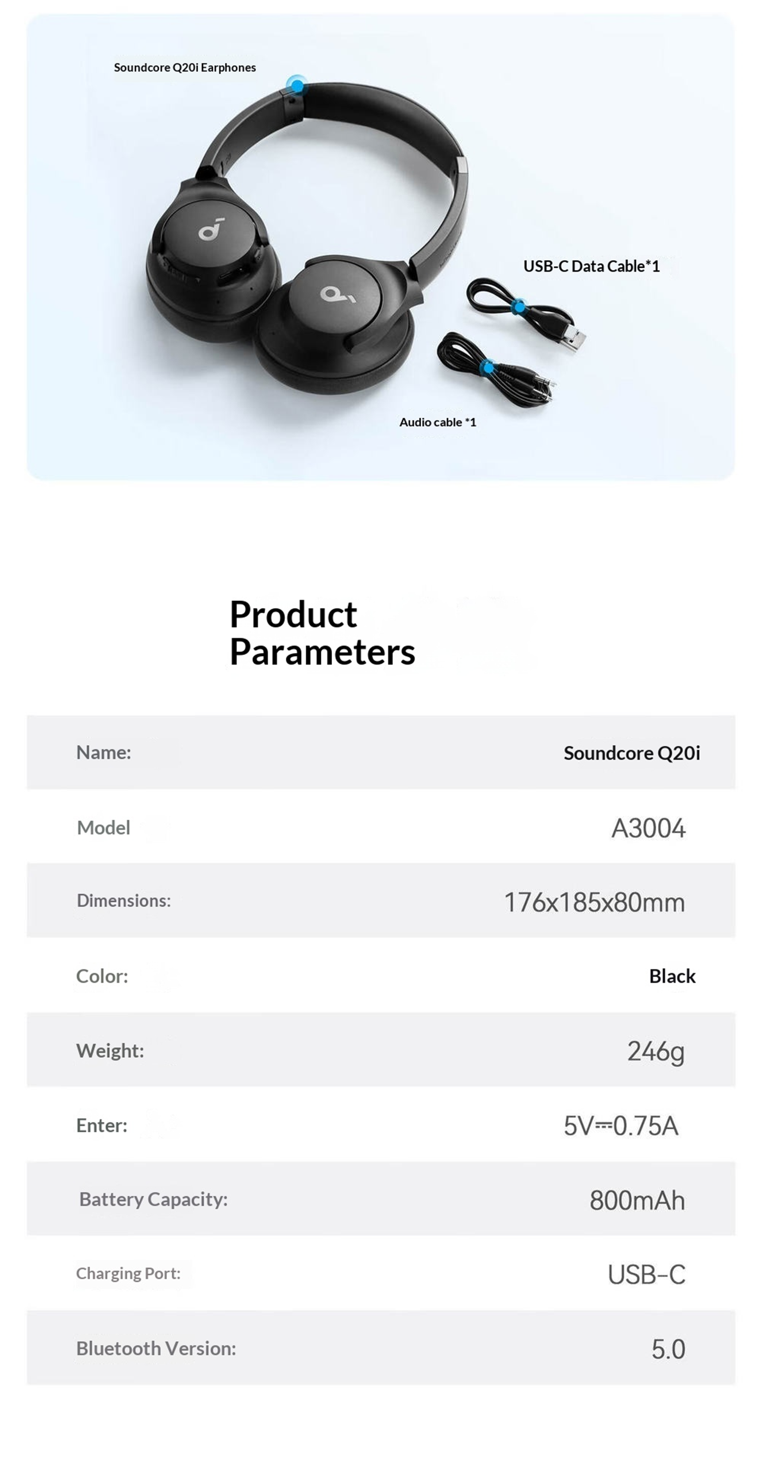 سماعات رأس Soundcore Q20i توضع فوق الأذن | إلغاء الضوضاء النشط | صوت عالي الدقة | بلوتوث 5.0