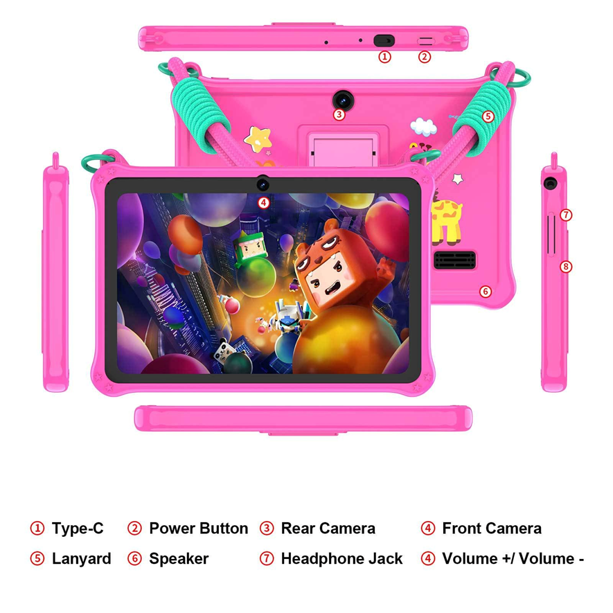 Kids Tablet 7 Inch | Android | Shockproof Silicone Case | Lanyard | Dark Pink & Blue