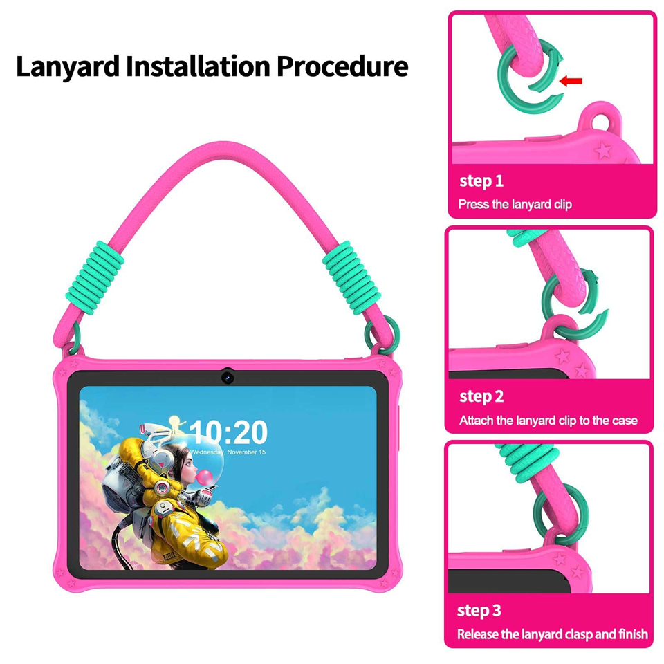 Kids Tablet 7 Inch | Android | Shockproof Silicone Case | Lanyard | Dark Pink & Blue