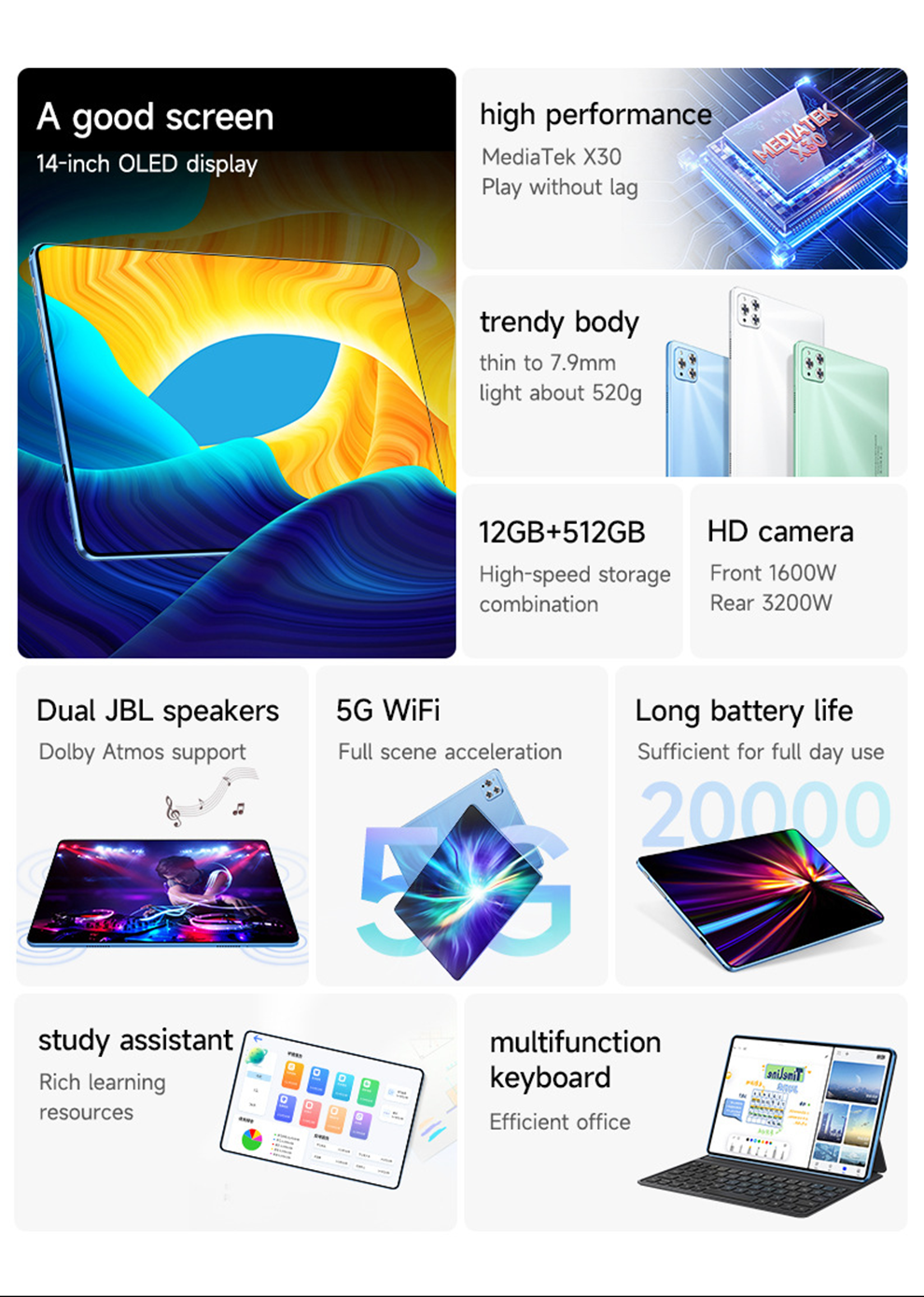 Pad Pro 2022 14-Inch OLED Tablet | MediaTek X30 | 12GB+512GB | 20000mAh | Dual JBL | 5G WiFi | 120Hz