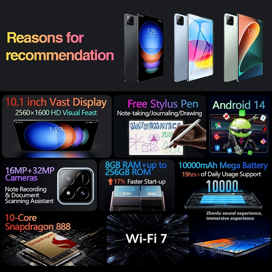Snapdragon 888 | 8GB+256GB | 32MP | 10000mAh | Wi-Fi 7 | Free Stylus  | 10.1-Inch Android 14 Tablet PC |
