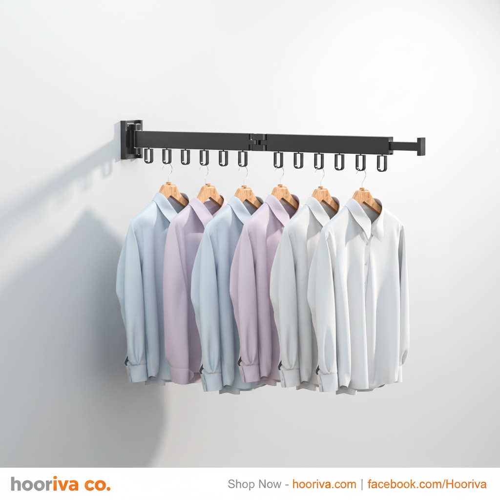 HOORIVA black wall-mounted retractable clothes drying rack with shirts hanging
