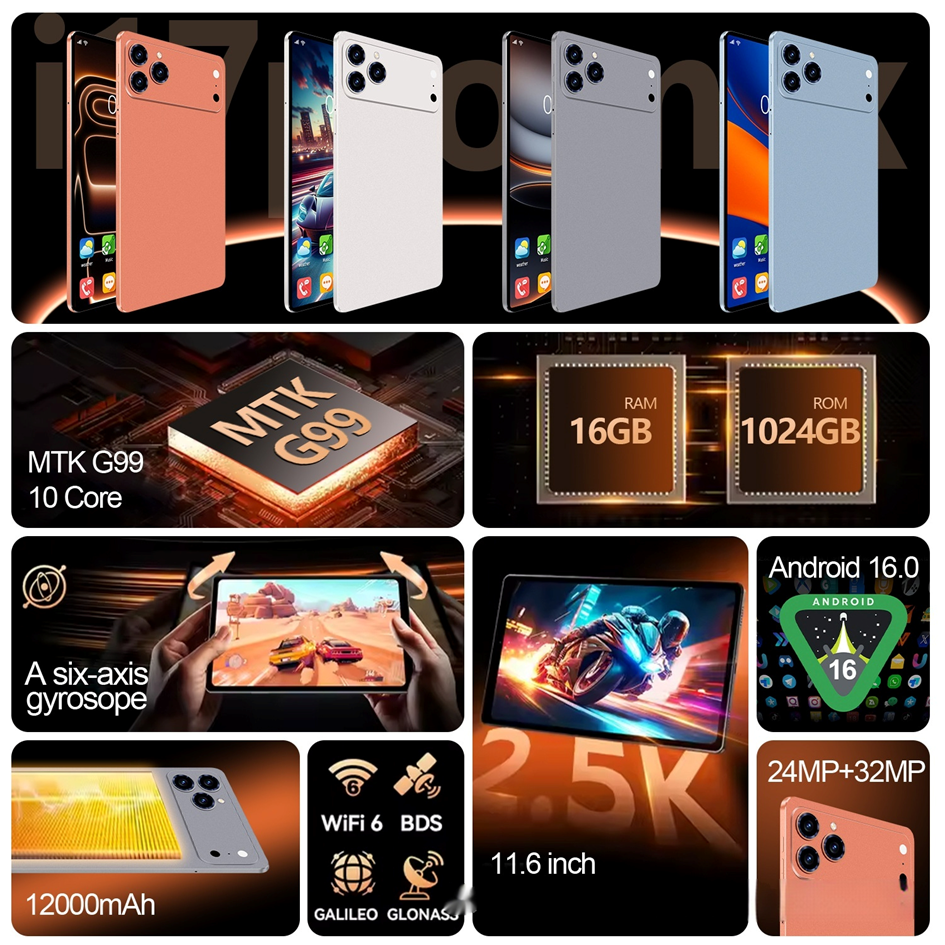 11.6 Inch Android 16 Tablet | 16GB RAM 1024GB | 2.5K Display | Wi-Fi 6 | 5G SIM | 24MP Camera