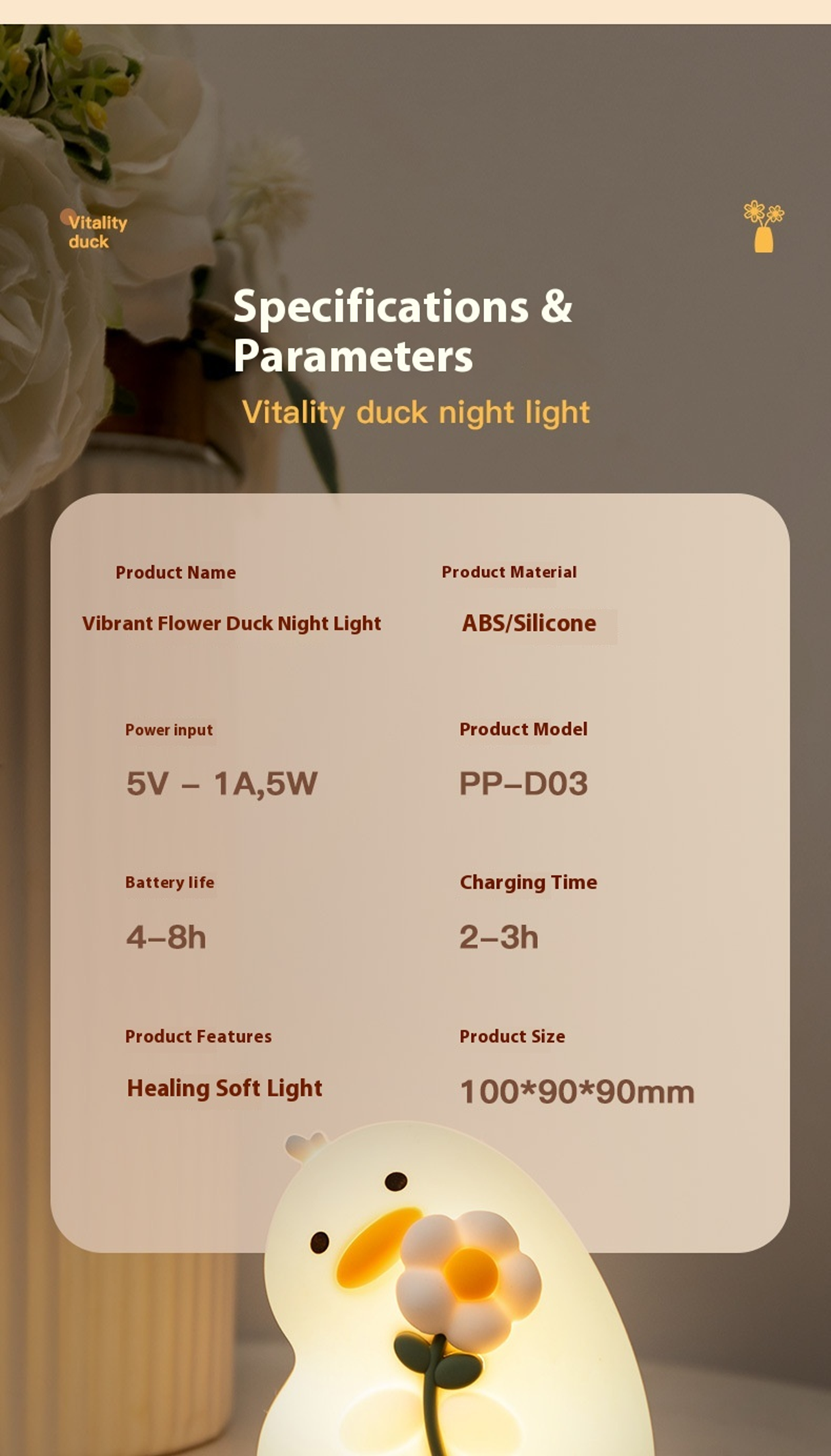 Vitality Duck Night Light PP-D03 | 1200mAh | Healing Soft Light | Phone Stand | USB Rechargeable