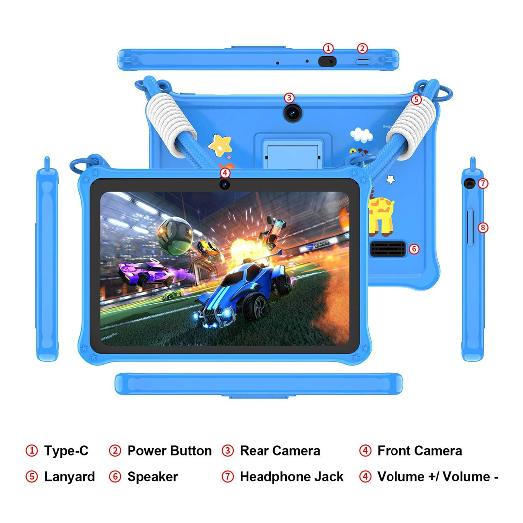 Kids Tablet 7 Inch | Android | Shockproof Silicone Case | Lanyard | Dark Pink & Blue
